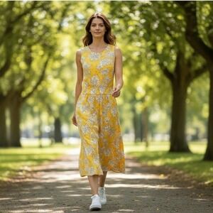 NWT‎ ME+EM Dahlia Print Gather Detail Maxi Dress Yellow Soft White Tan US 10